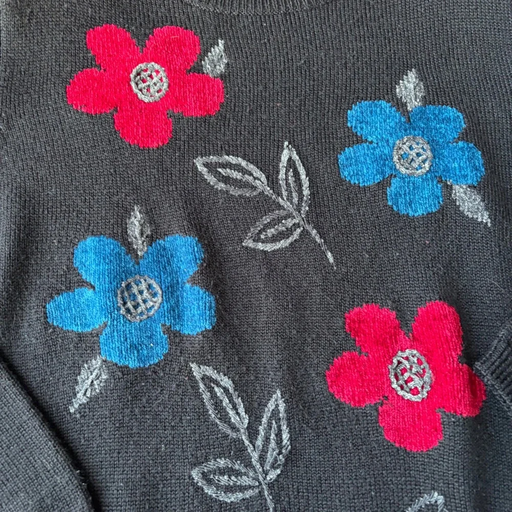 Cottage Core Preppy Goth Black Knit Sweater Blue Red Embroidered Floral Size Med